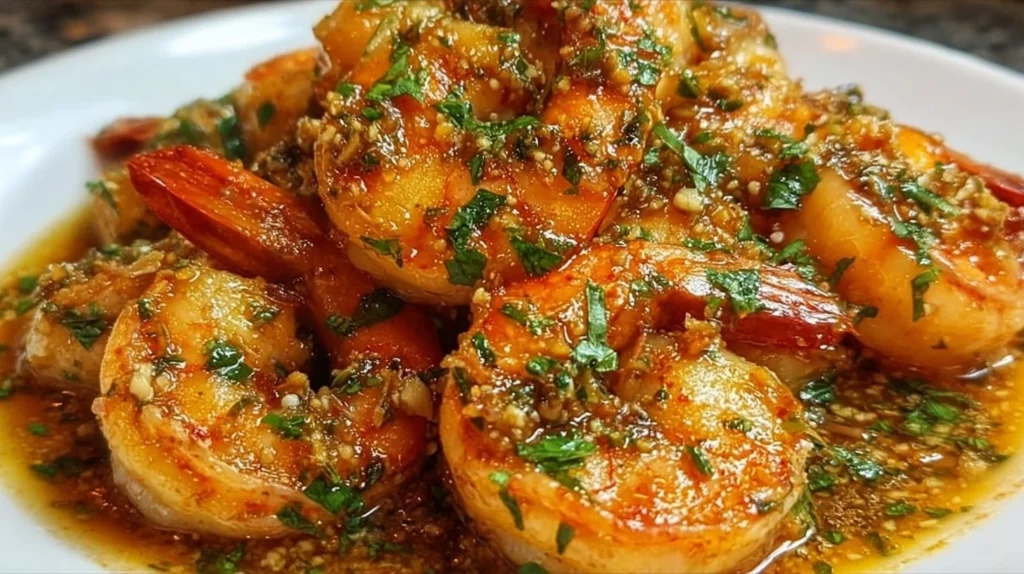 Plate of delicious Hawaiian garlic shrimp with herbs and seasoning