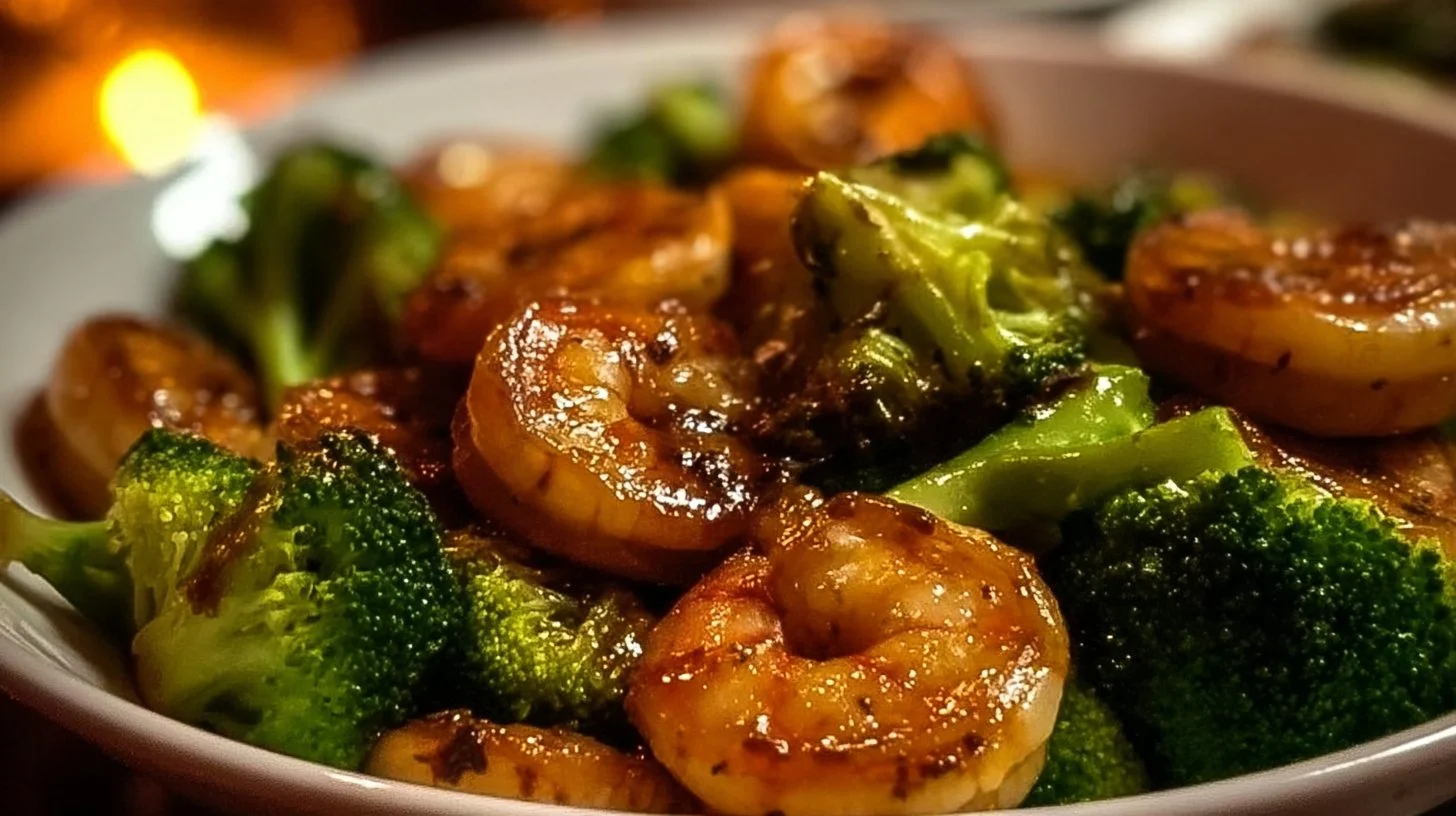Plate of high-protein honey garlic shrimp garnished with vegetables