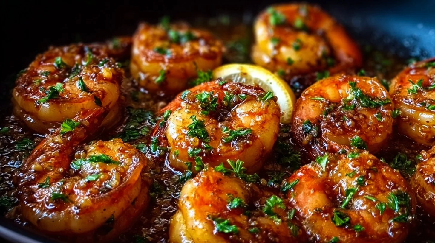 Honey garlic shrimp dish garnished with herbs, showcasing glossy glaze.