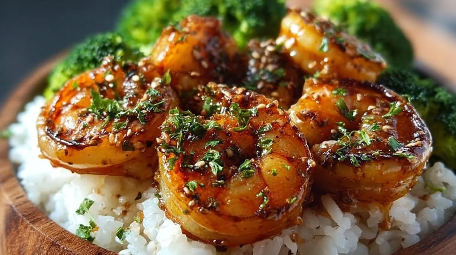 Honey Garlic Shrimp Bowl garnished with vegetables and served in a bowl