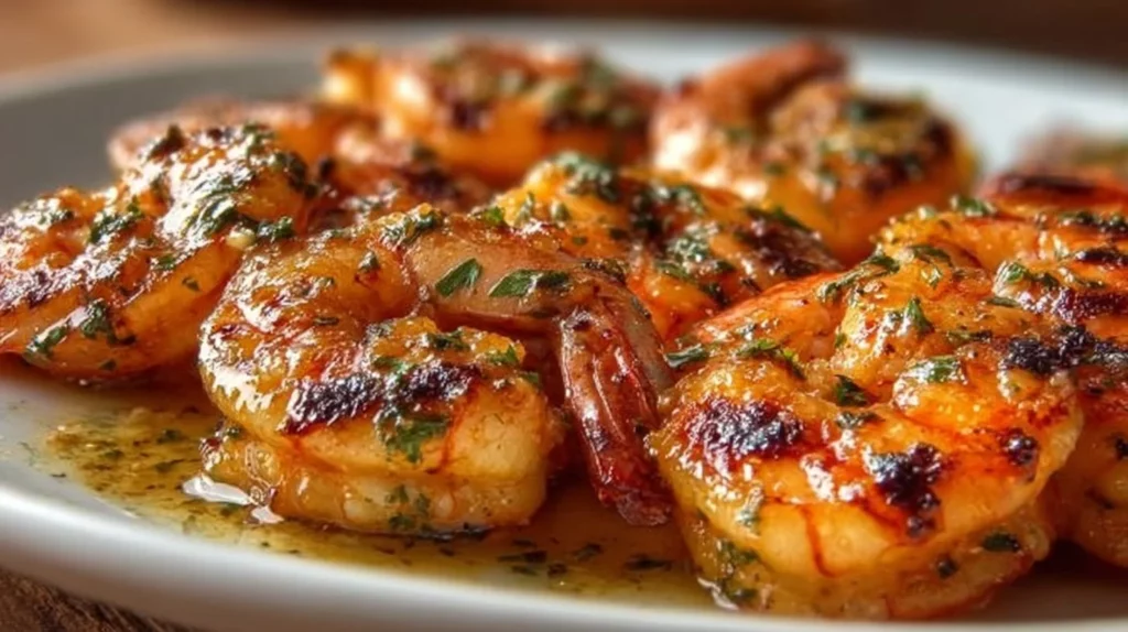 Delicious garlic butter grilled shrimp on skewers ready for summer grilling