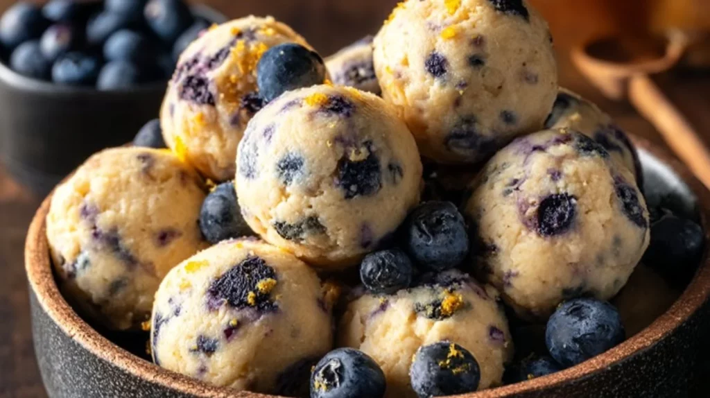 Lemon Blueberry Cottage Cheese Protein Bites on a plate with fresh blueberries