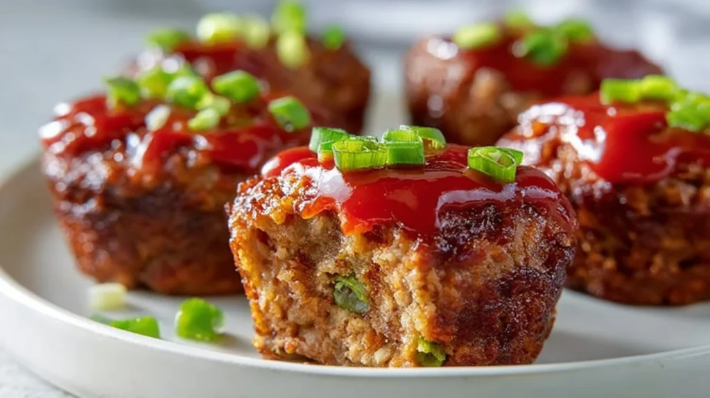 Baked Meatloaf Muffins served on a plate with herbs and ketchup glaze