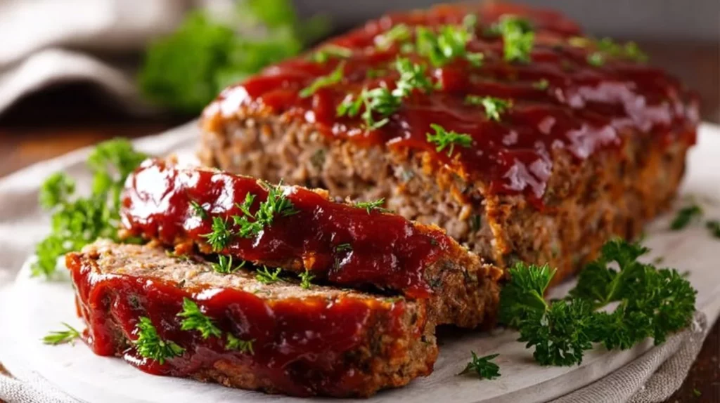 Homemade meatloaf prepared with fresh ingredients and served on a plate.