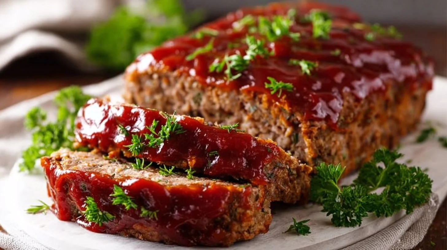 Homemade meatloaf prepared with fresh ingredients and served on a plate.