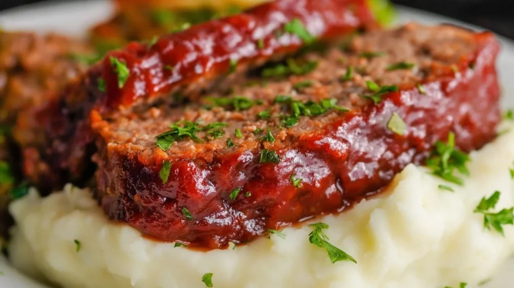 Delicious homemade meatloaf recipe served with mashed potatoes