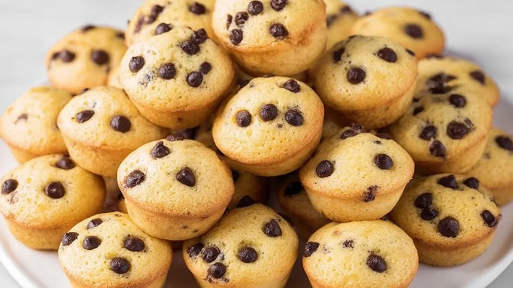 Freshly baked mini chocolate chip muffins with gooey chocolate chips