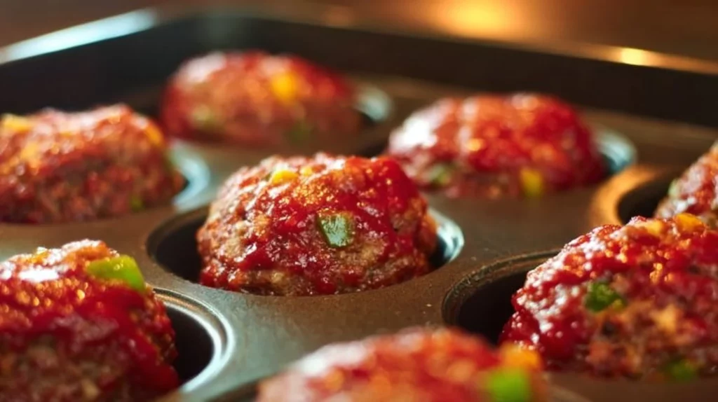 Mini meatloaf muffins served on a plate with ketchup topping.
