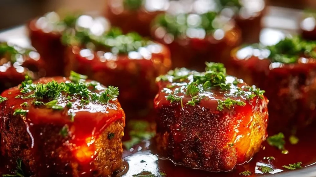Delicious mini meatloaf served on a plate with garnished vegetables.