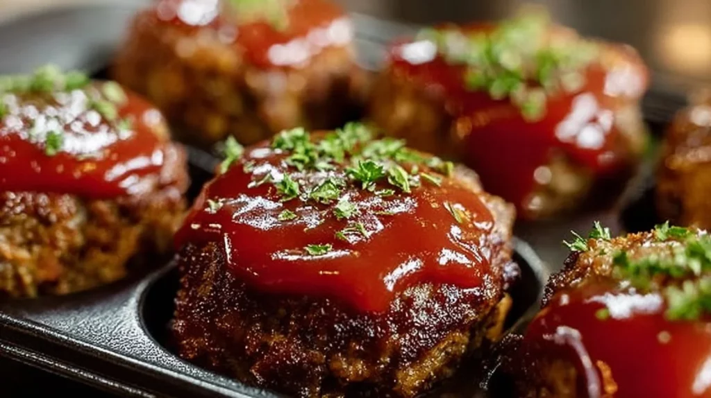 Mini meatloaf on a serving plate with vegetables and sauce