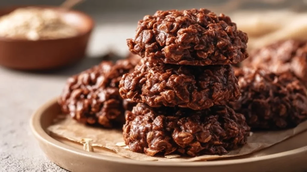 Delicious no bake chocolate oatmeal cookies on a white plate