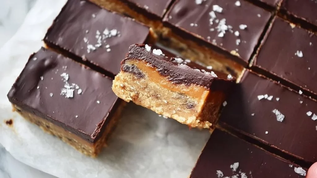 Delicious no bake cookie dough bars topped with chocolate chips