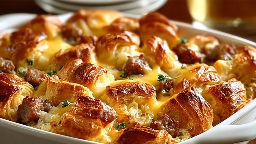 Delicious overnight croissant breakfast casserole served with fresh berries