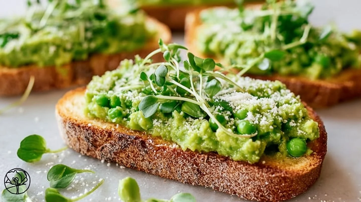 Vibrant pea bruschetta served on toasted bread with fresh herbs and olive oil
