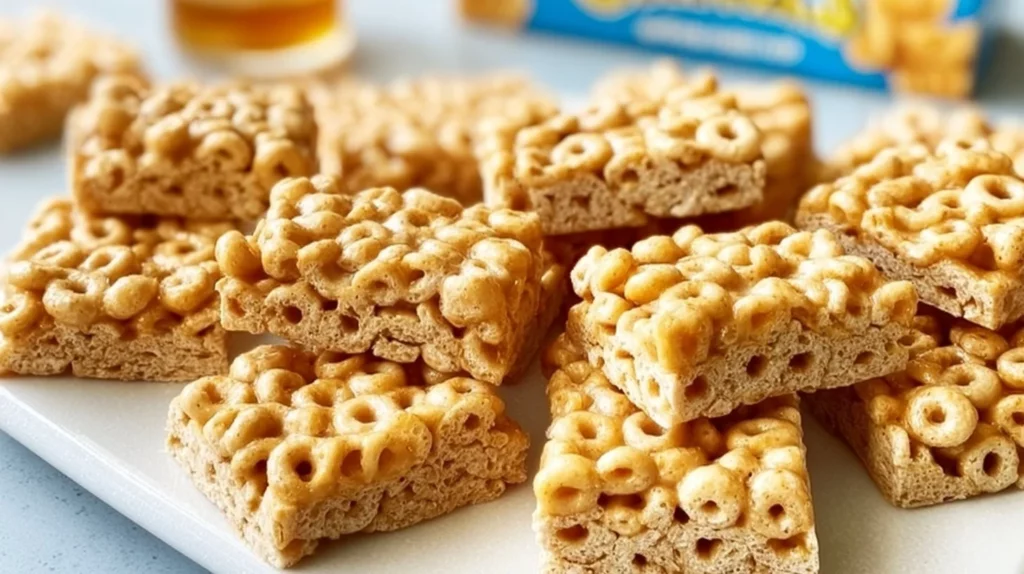Peanut Butter Bars with Cheerios on a wooden cutting board