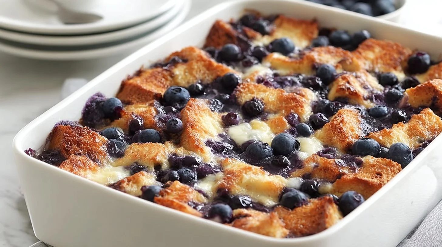 Delicious quick blueberry French toast casserole served in a baking dish.