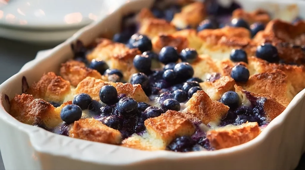 Delicious blueberry french toast casserole topped with fresh blueberries