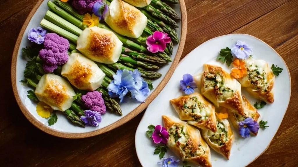 A vibrant display of spring recipes featuring fresh vegetables and colorful dishes.