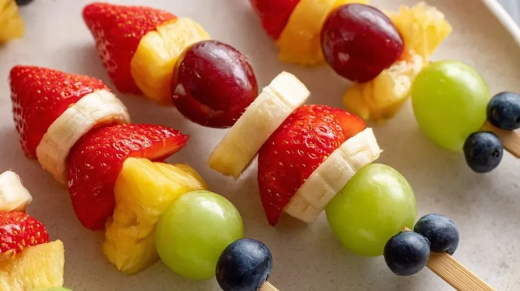 Colorful rocket ship fruit skewers made with fresh fruits for a fun treat