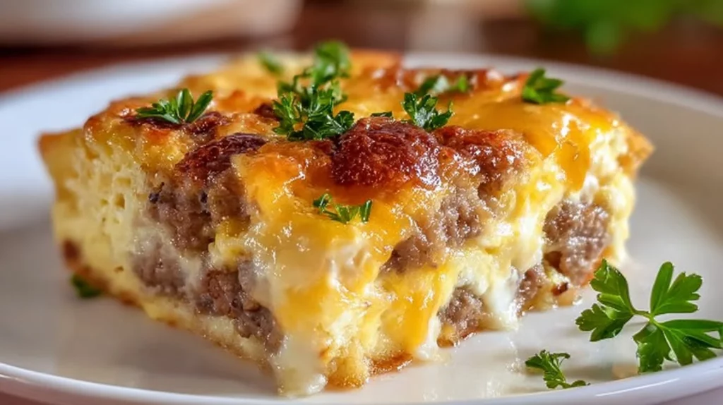 Delicious Sausage and Egg Casserole served in a baking dish