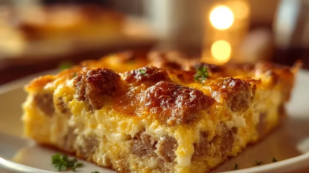 Delicious Sausage and Egg Casserole baked dish with vegetables and cheese