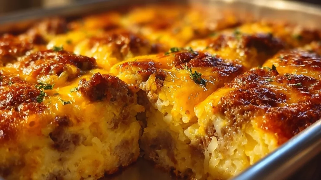 Delicious Sausage Egg and Cream Cheese Hashbrown Casserole served in a baking dish