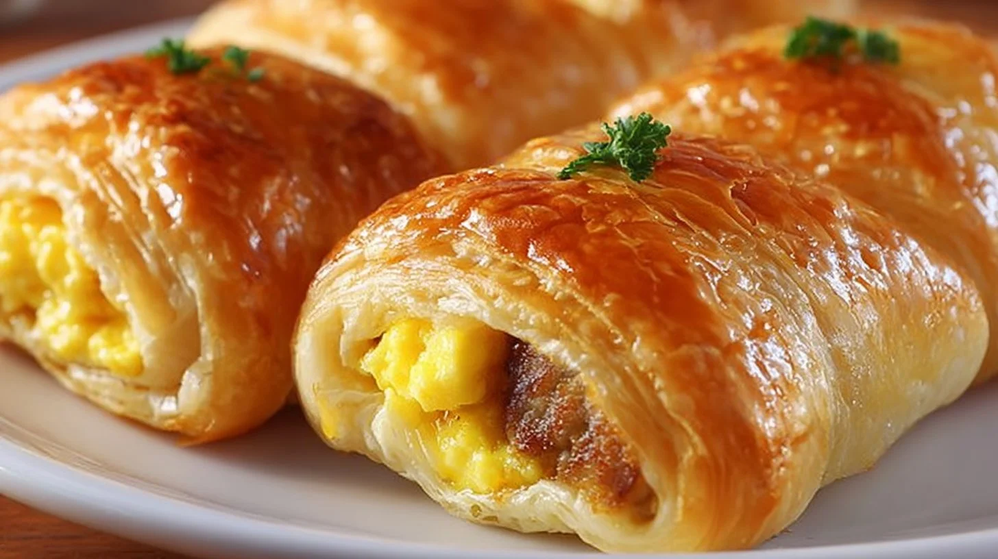 Sausage Egg Breakfast Roll-Ups 2 Delicious sausage egg breakfast roll-ups on a plate.
