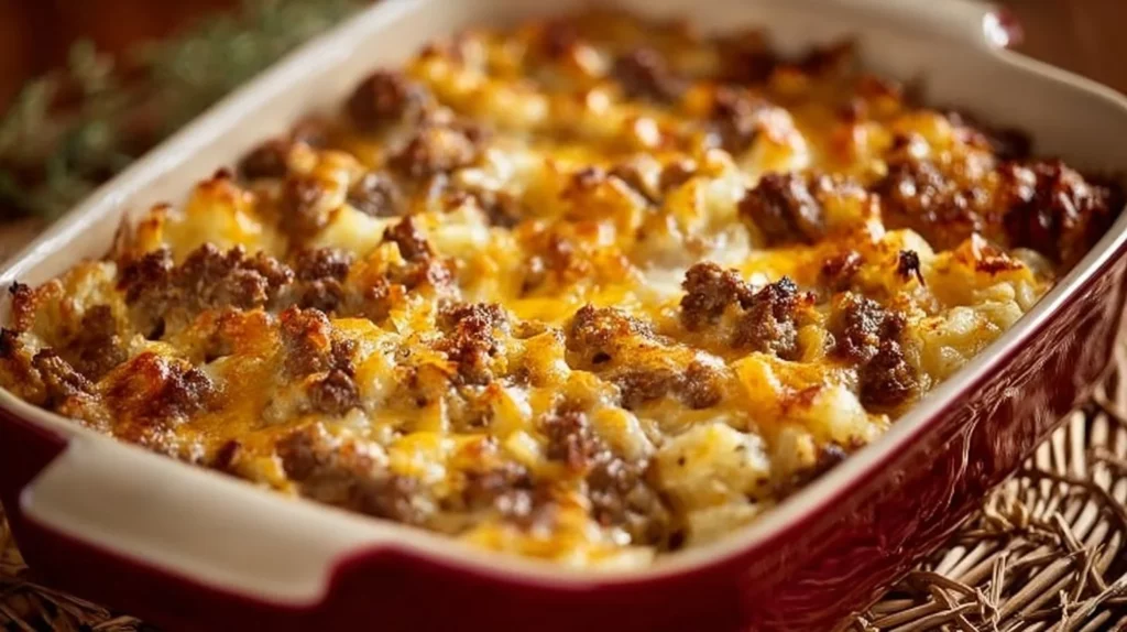 Sausage Hash Brown Breakfast Casserole prepared in a baking dish