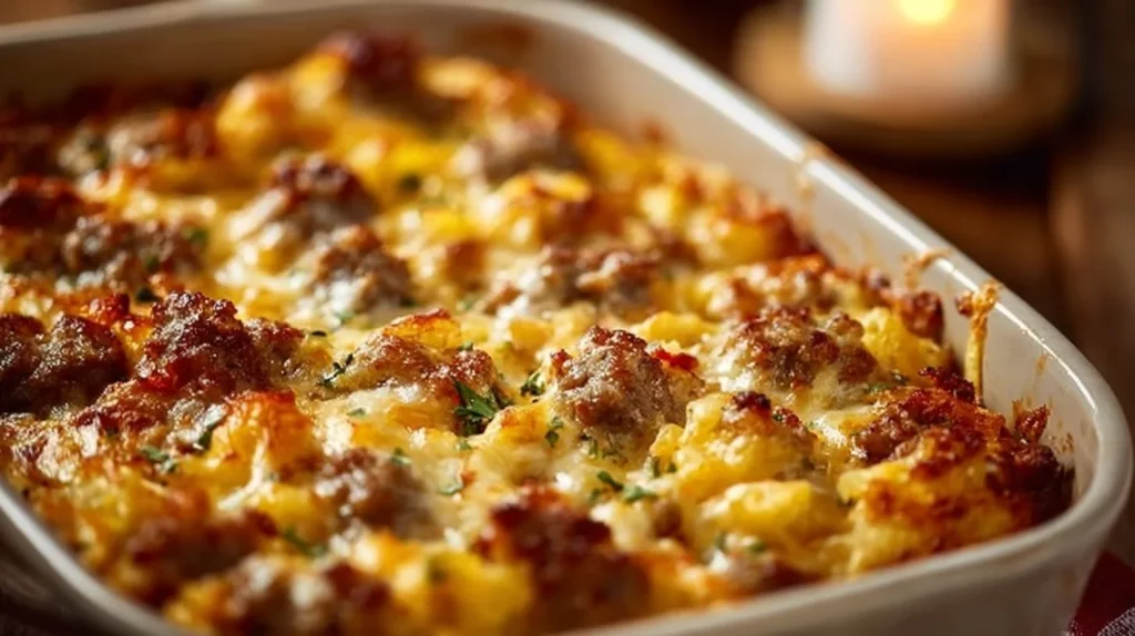 Sausage Hash Brown Breakfast Casserole fresh out of the oven