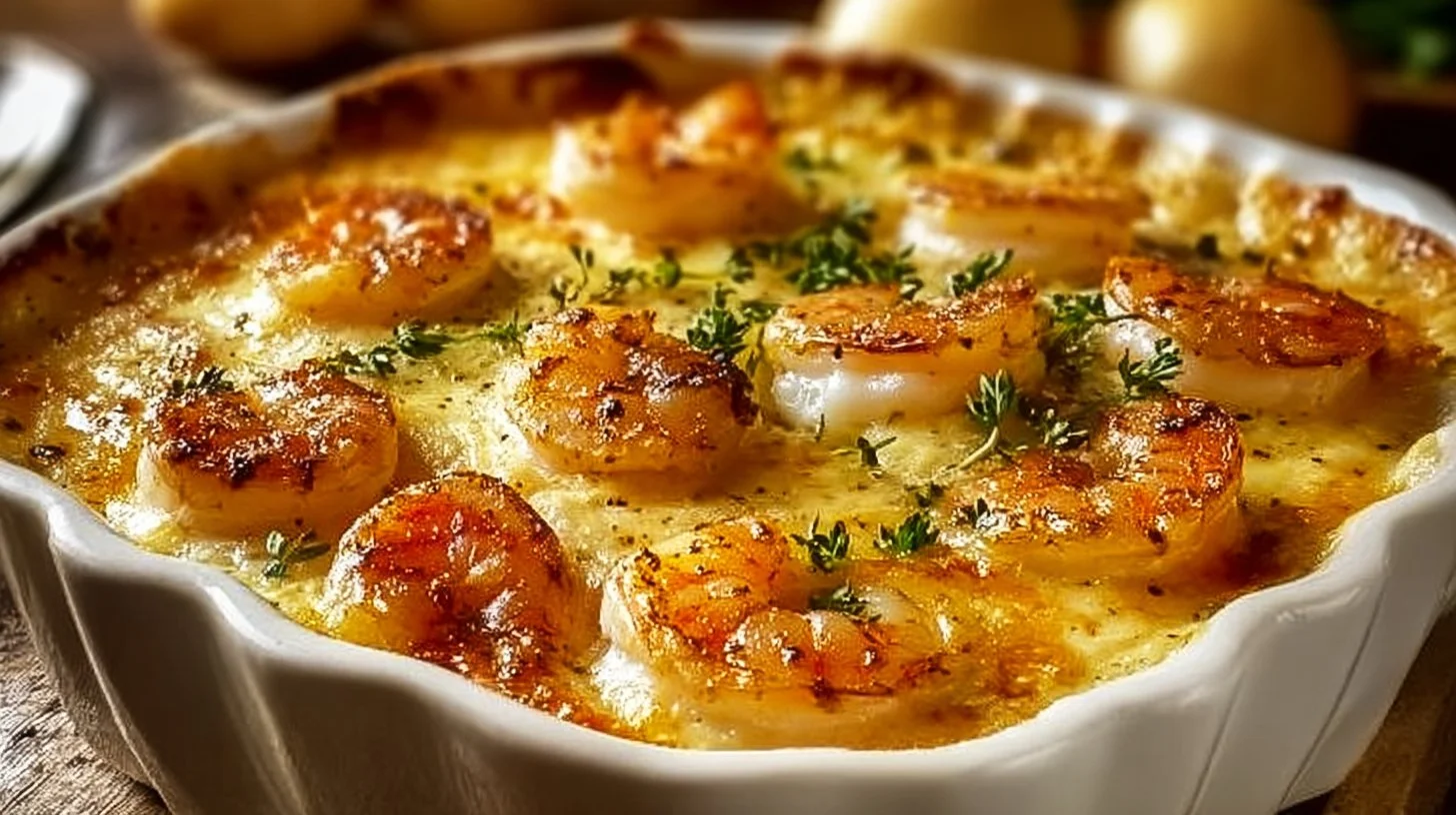 Creamy seafood casserole with shrimp and scallops baked in a rich sauce.