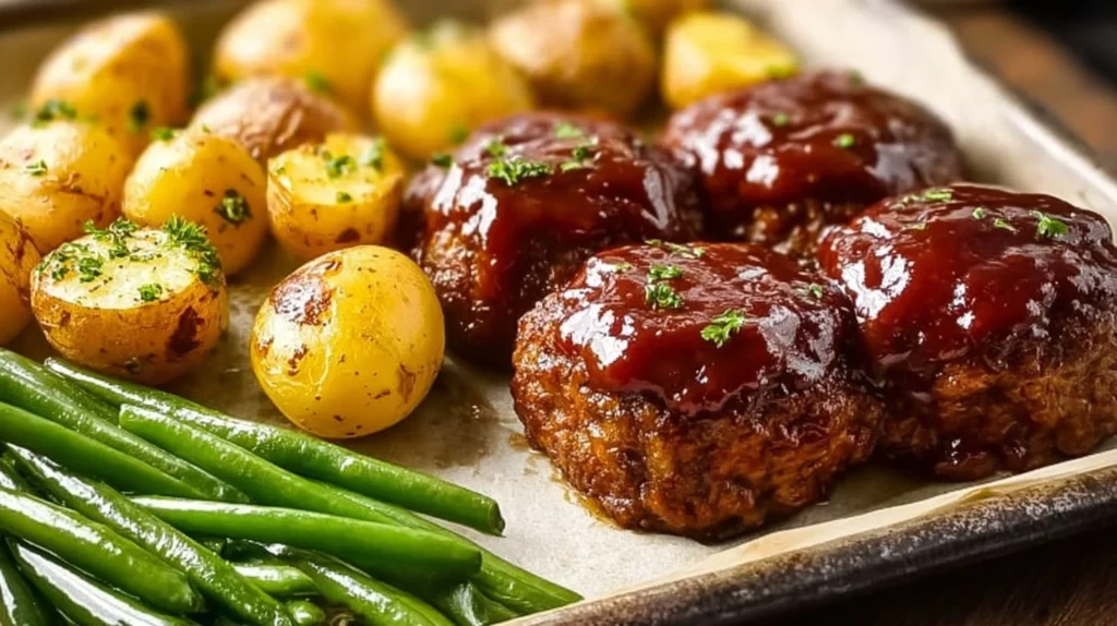 Sheet pan featuring mini meatloaf and roasted potatoes ready to serve