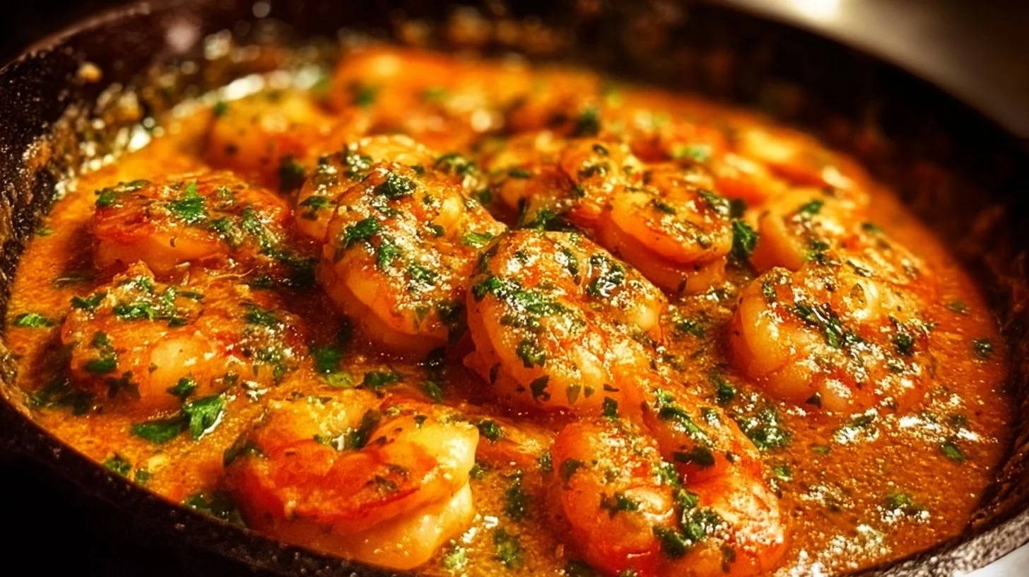 Delicious shrimp and rice dish garnished with herbs and spices.