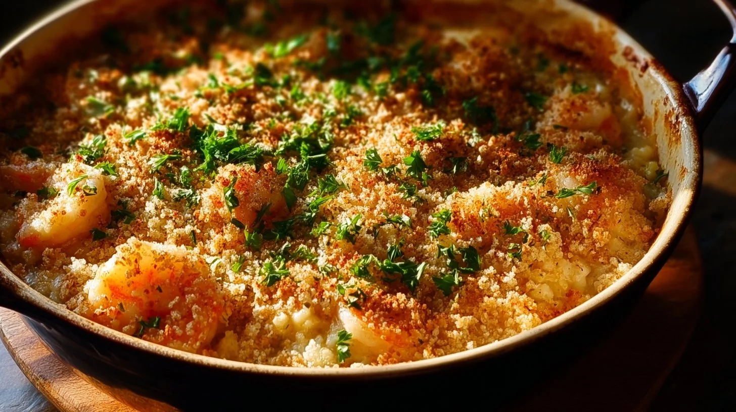 Shrimp casserole cooked with vegetables and a cheesy topping in a baking dish.