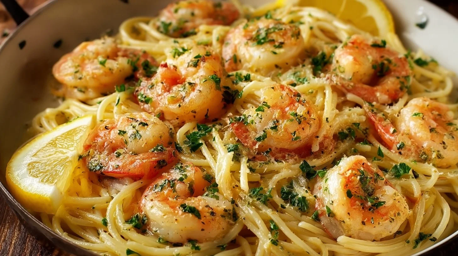 Delicious shrimp scampi with garlic sauce and parsley served on a plate