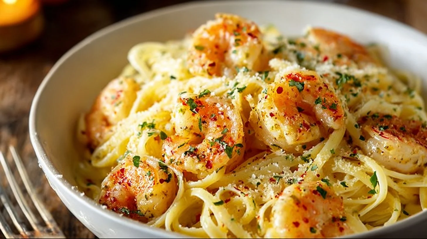 Delicious Shrimp Scampi Garlic Cream Pasta garnished with fresh herbs