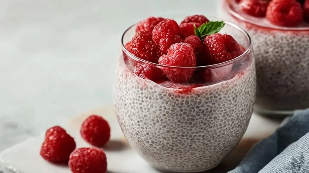 Bowl of simple 3-ingredient chia pudding topped with fresh berries