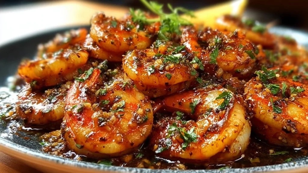 Delicious smoked shrimp dish served on a platter with garnishes.