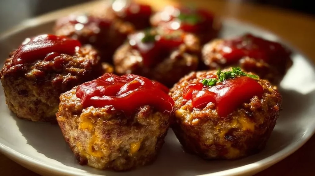 Tangy mini meatloaves served on a plate with a side of vegetables
