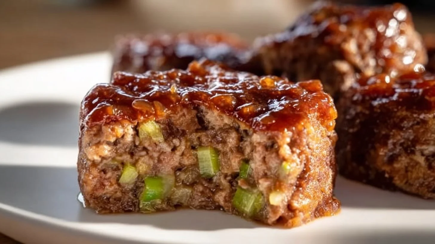 Plate of tender savory mini meatloaf bites garnished with herbs