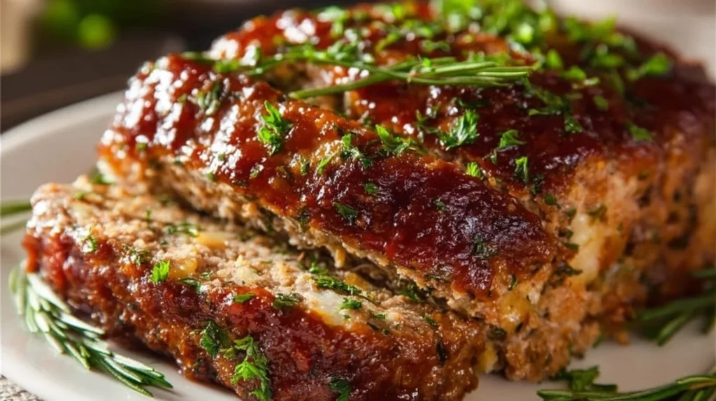 Delicious homemade meatloaf slice on a plate with garnish.