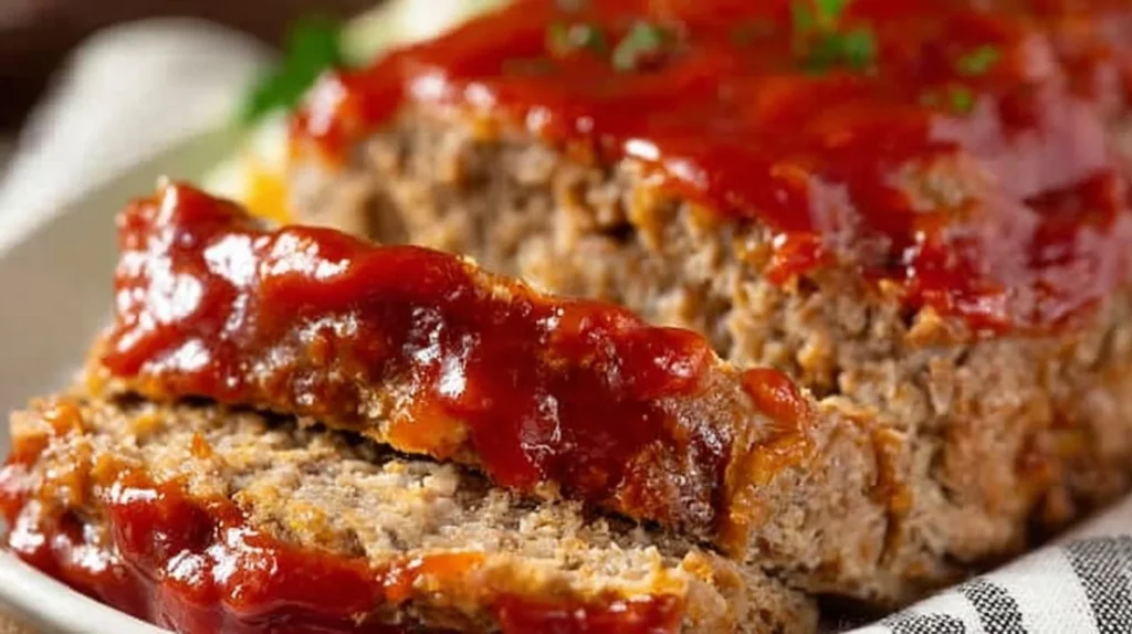 Delicious homemade meatloaf recipe served on a plate with sides.