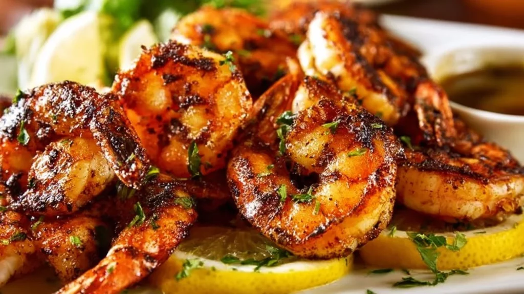Easy grilled shrimp on a barbecue grill, garnished with herbs.