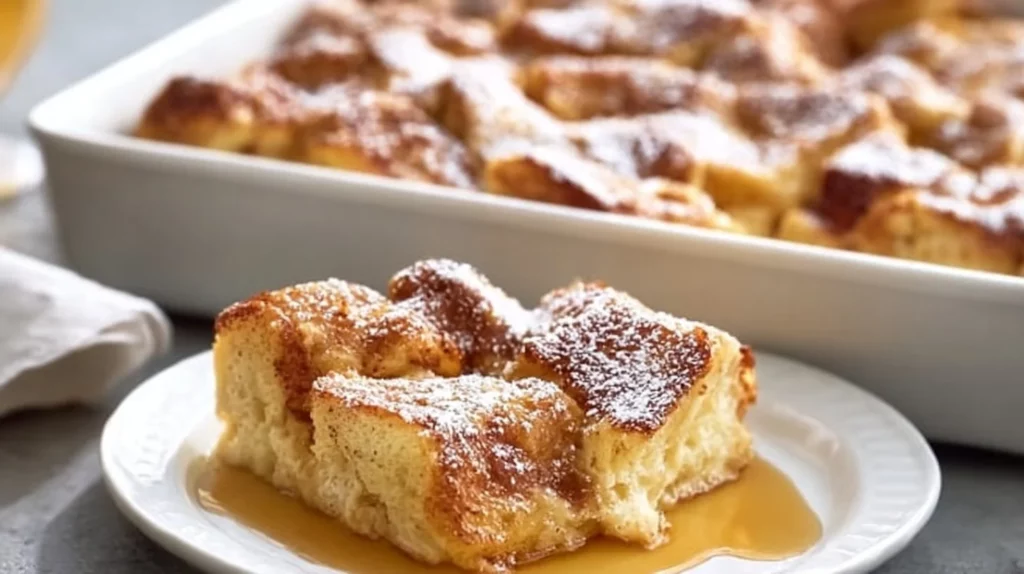 Delicious traditional French toast casserole served with syrup and berries