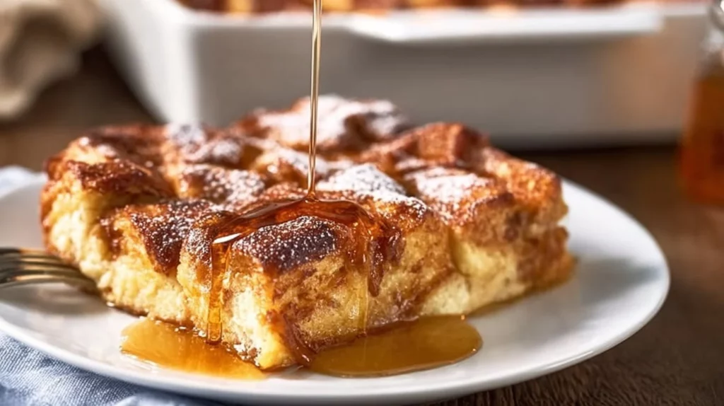 Delicious traditional French toast casserole baked in a dish, perfect for breakfast.