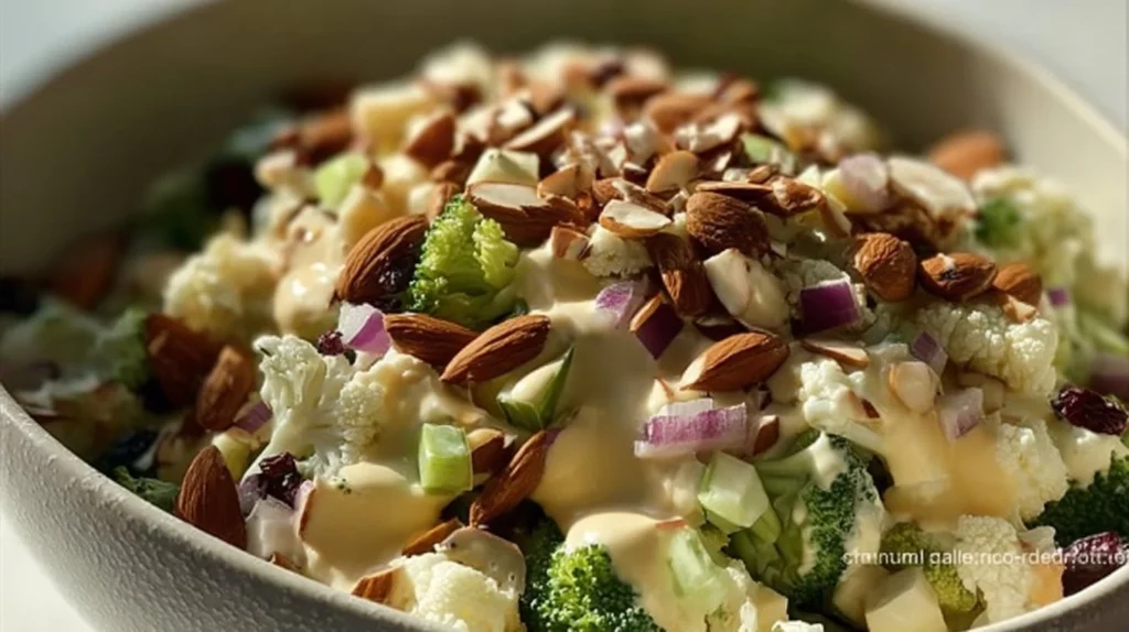 Fresh Apple Broccoli Cauliflower Salad with colorful vegetables.