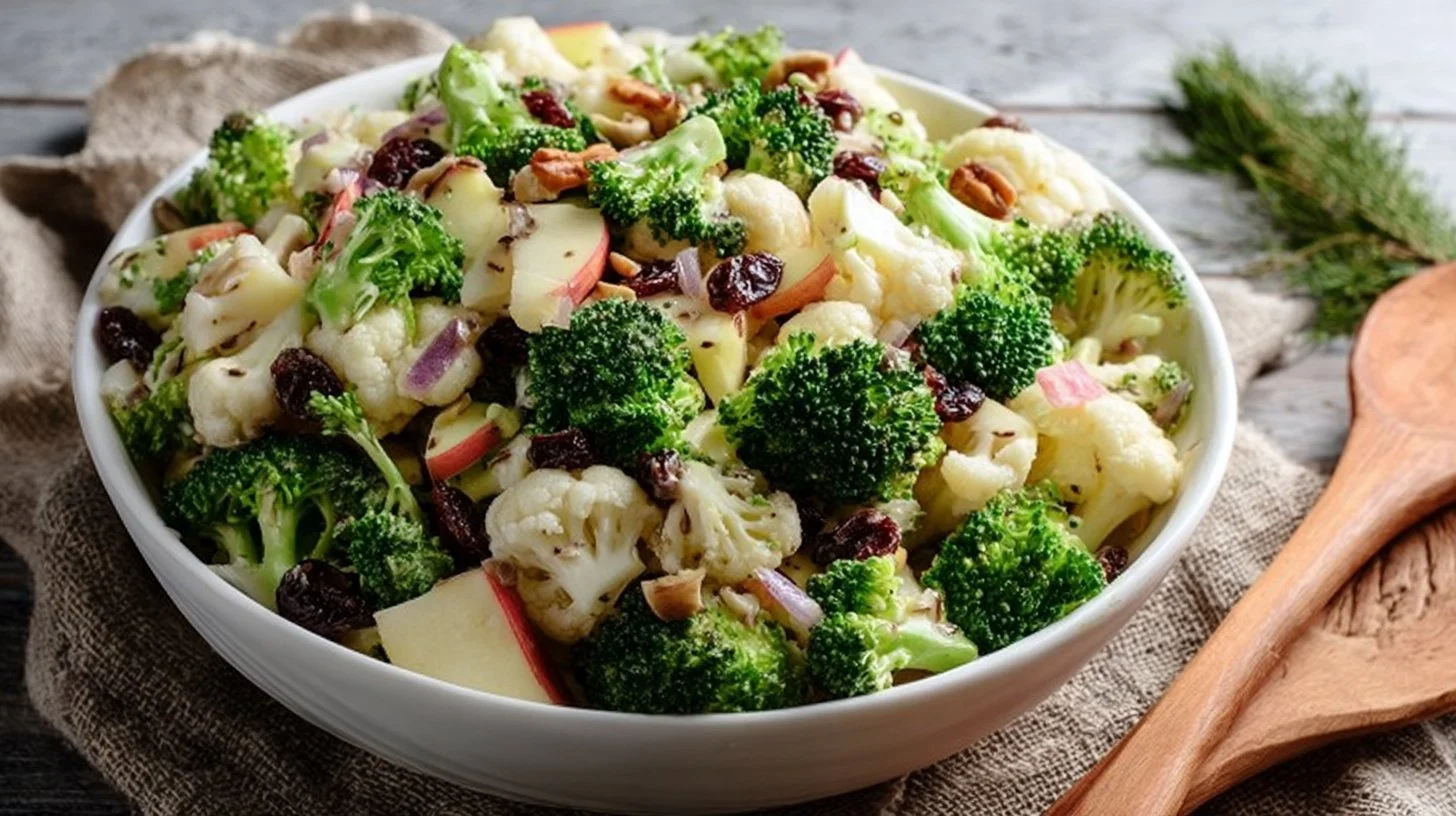 Fresh Apple Broccoli Cauliflower Salad with crunchy ingredients and vibrant colors