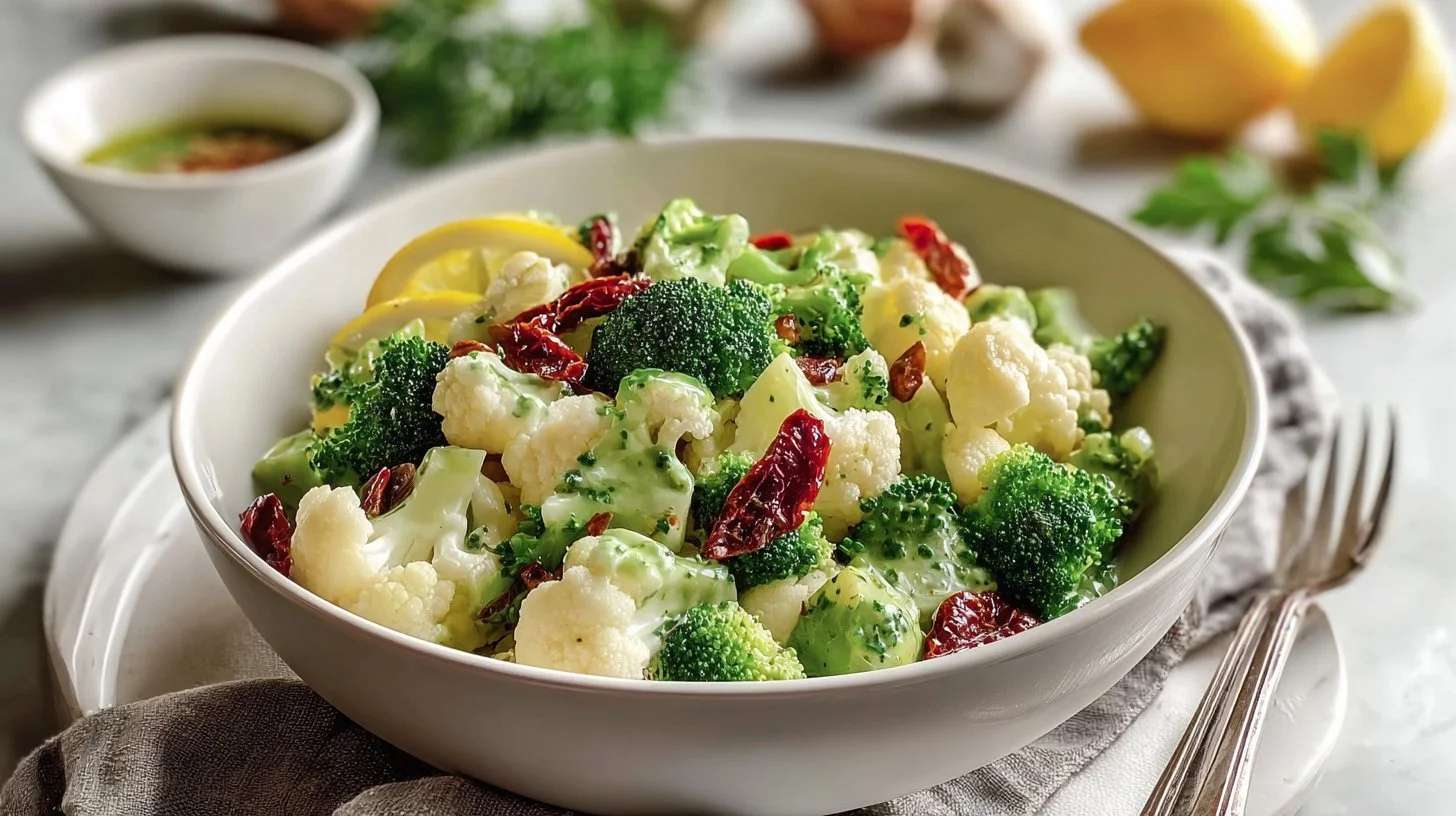 Apple Broccoli Cauliflower Salad with Lemon Dressing in a bowl