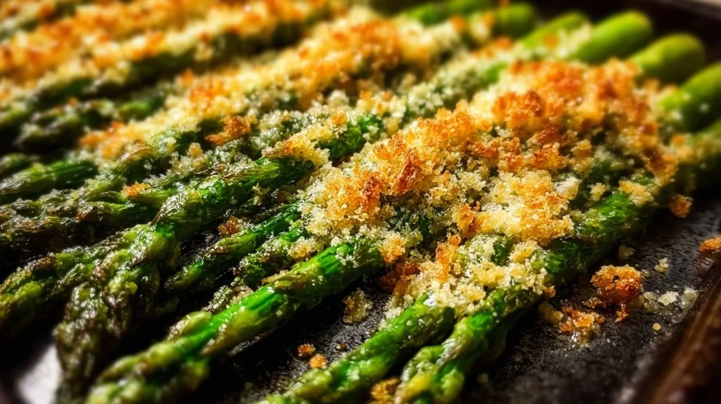 Baked Parmesan asparagus dish topped with savory cheese and herbs