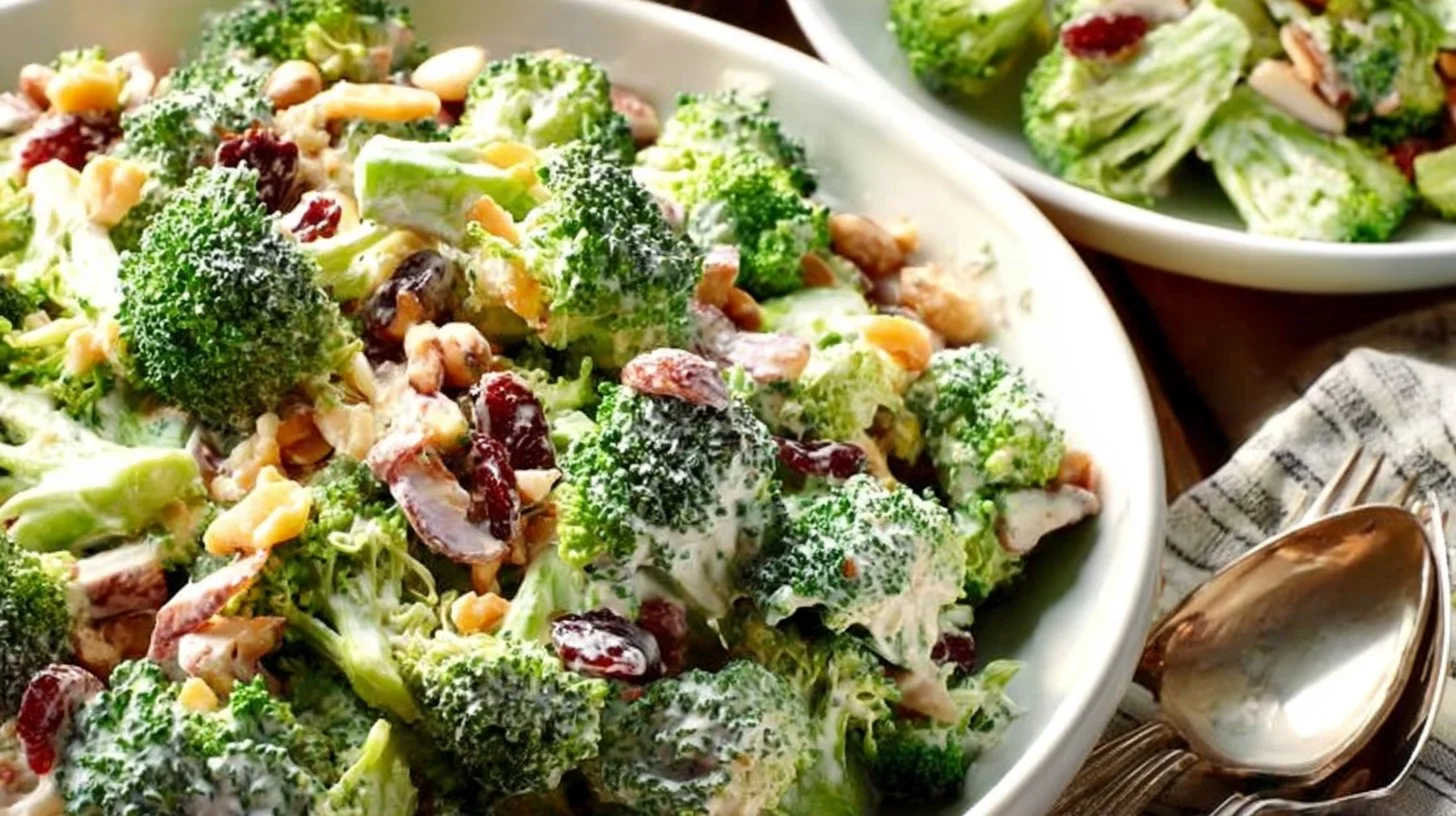 A colorful bowl of best broccoli salad with fresh vegetables and dressing.