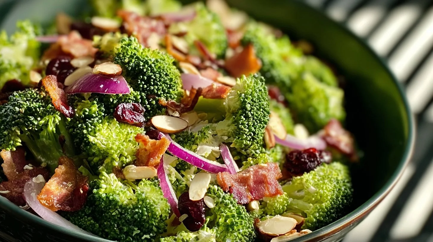 Delicious and colorful broccoli salad with nuts and dressing.